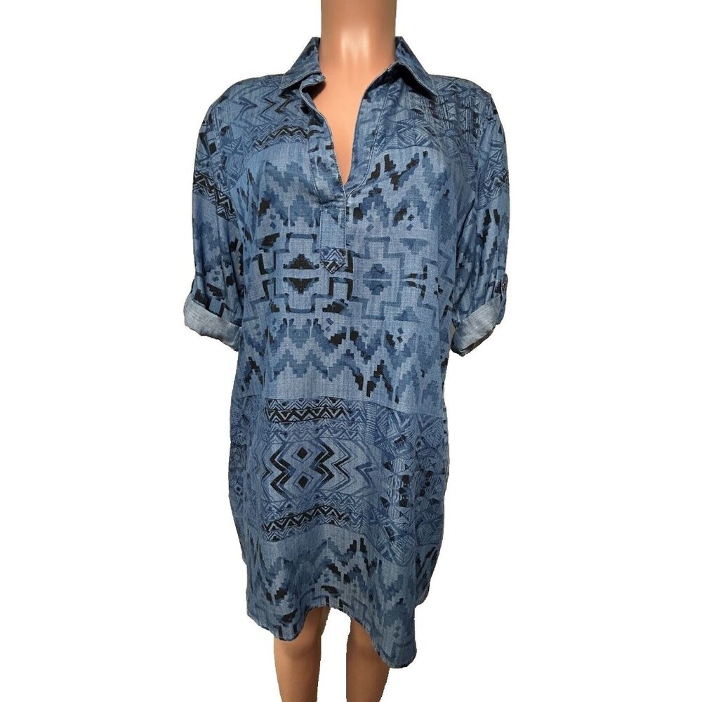 Soft Surroundings Roll Tab Sleeve Tunic Women's Size M Blue Aztec Tribal Print